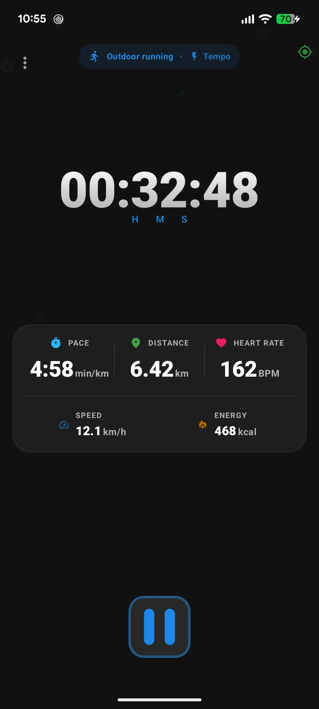 Run in progress with time, pace, distance, heart rate, speed and energy